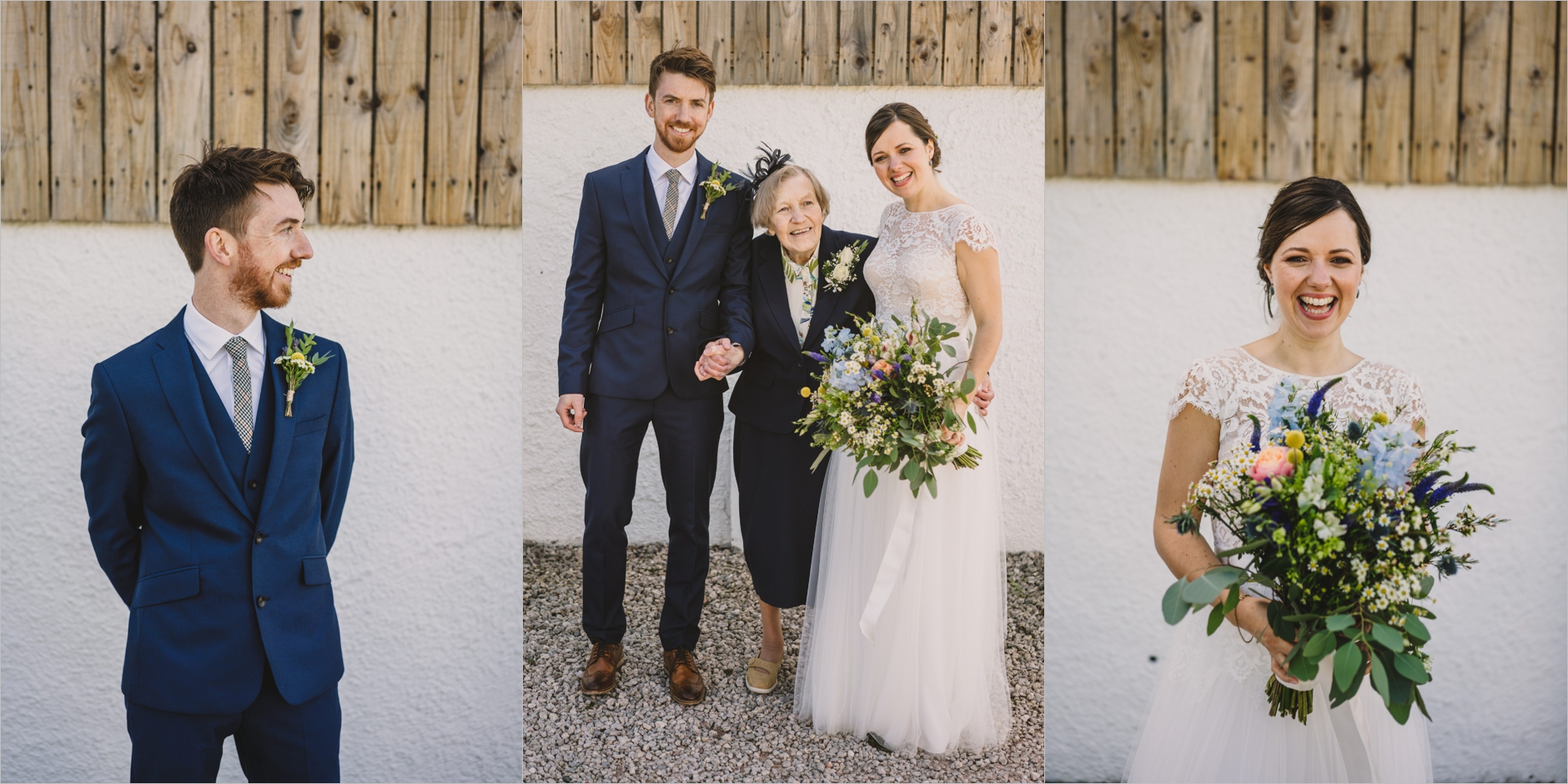 portraits of the bride and groom serarately and together with grandma at their knipe hall wedding in the lake district