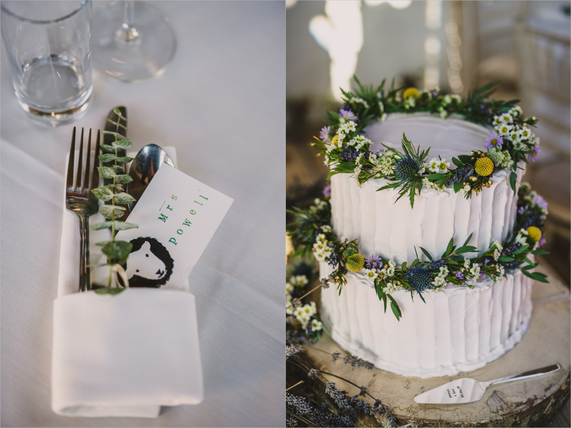 knipe hall wedding details and beautiful white wedding cake with floral wreath