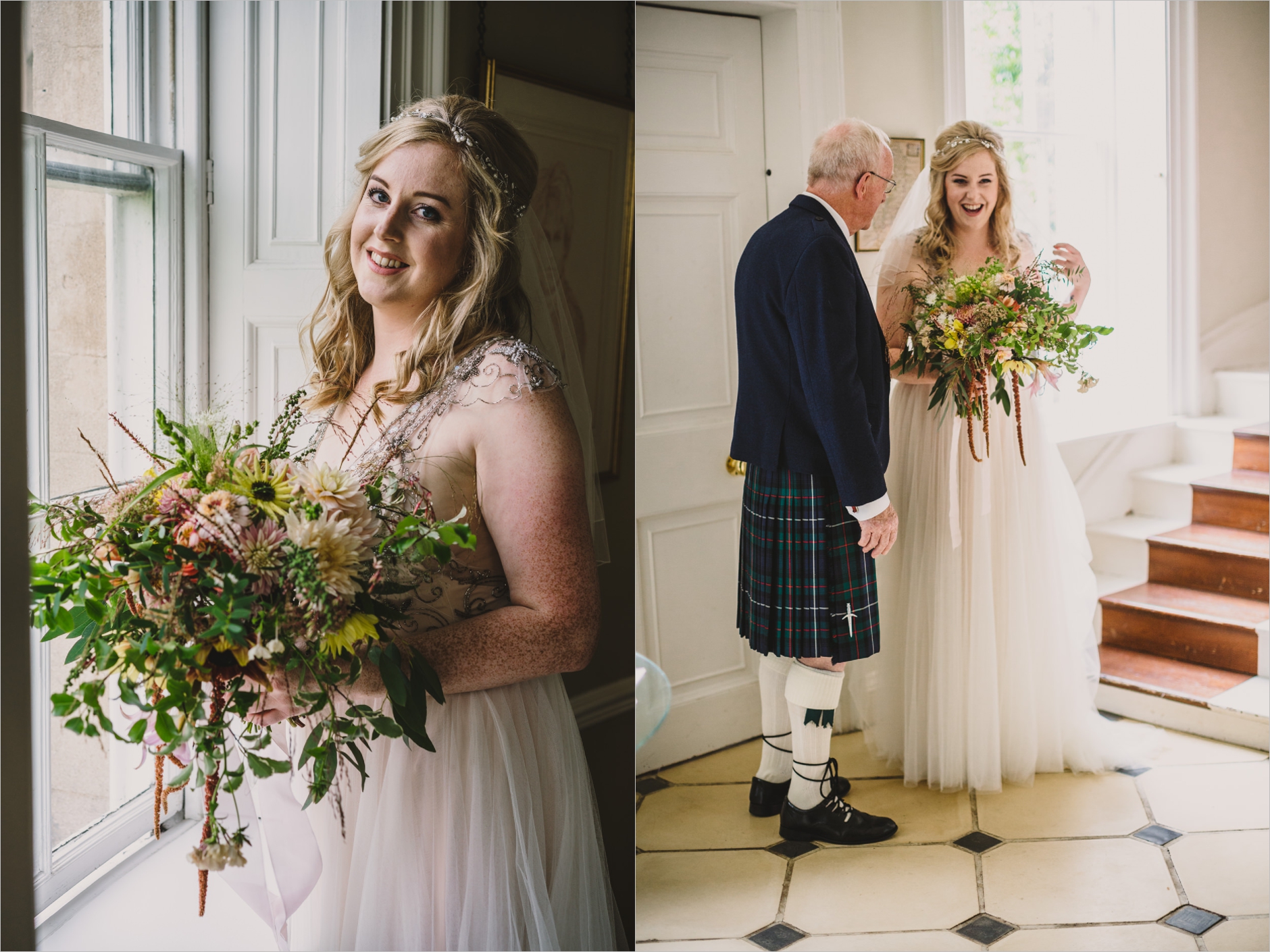 portraits of the bride alone and with her father in the hall at east bridgford hill