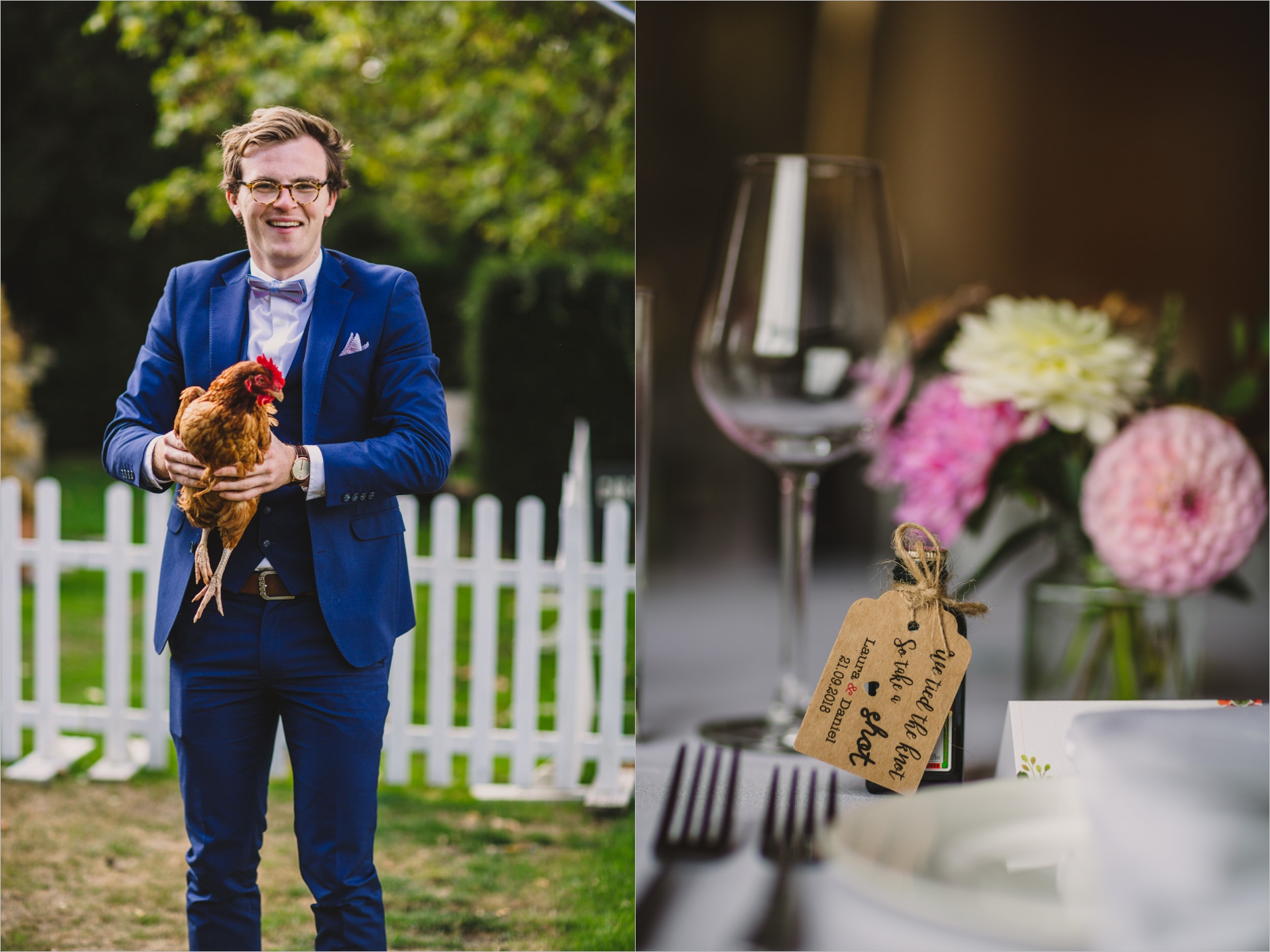 wedding guest holding a chicken and wedding table decor