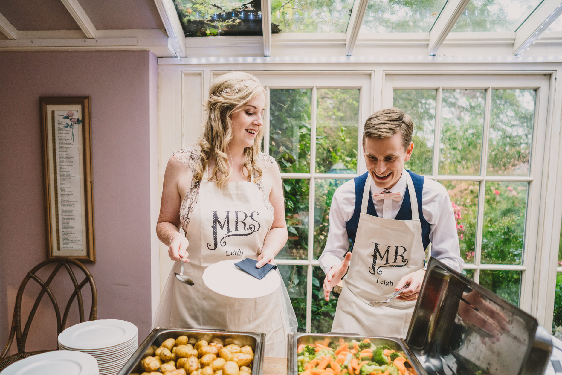 bride and groom serving the wedding breakfast at east bridgford hill