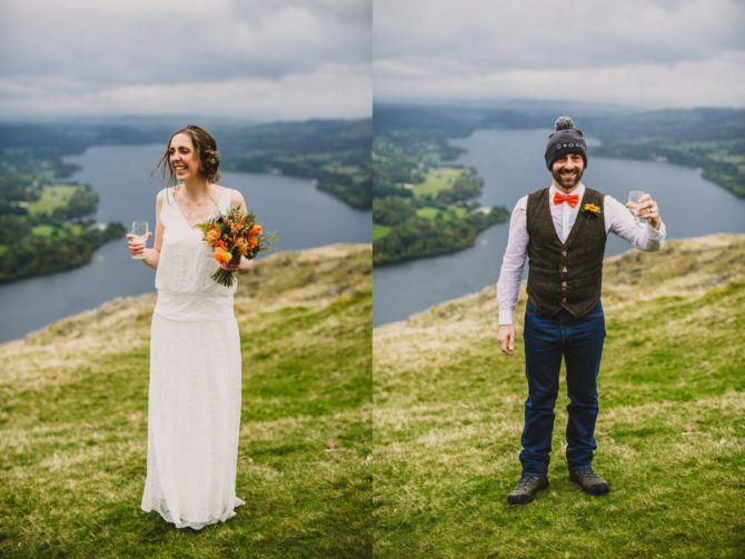 Bride and groom on hill in Lake district after hiking