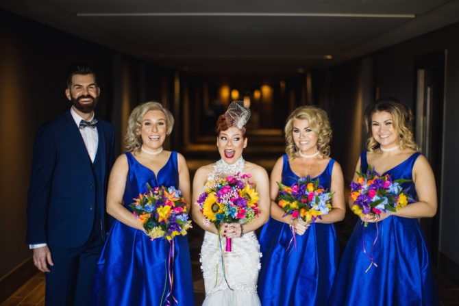 Bridesmaids in electric blue Vintage-Camp-and-Furnace-Wedding-Liverpool