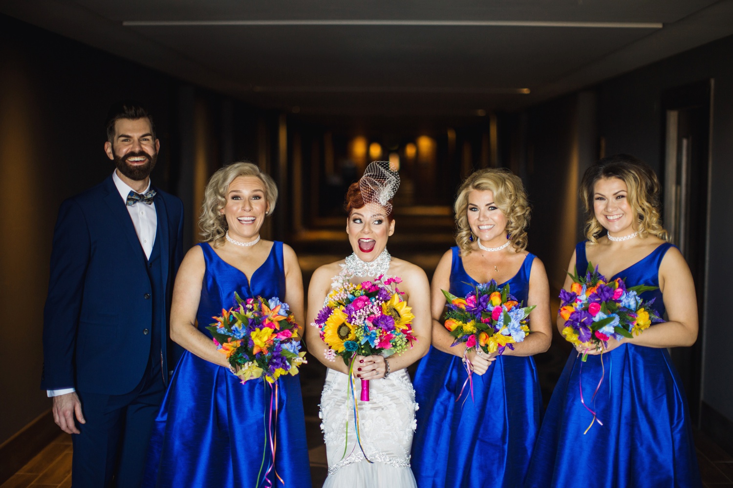 Bridesmaids in electric blue Vintage-Camp-and-Furnace-Wedding-Liverpool