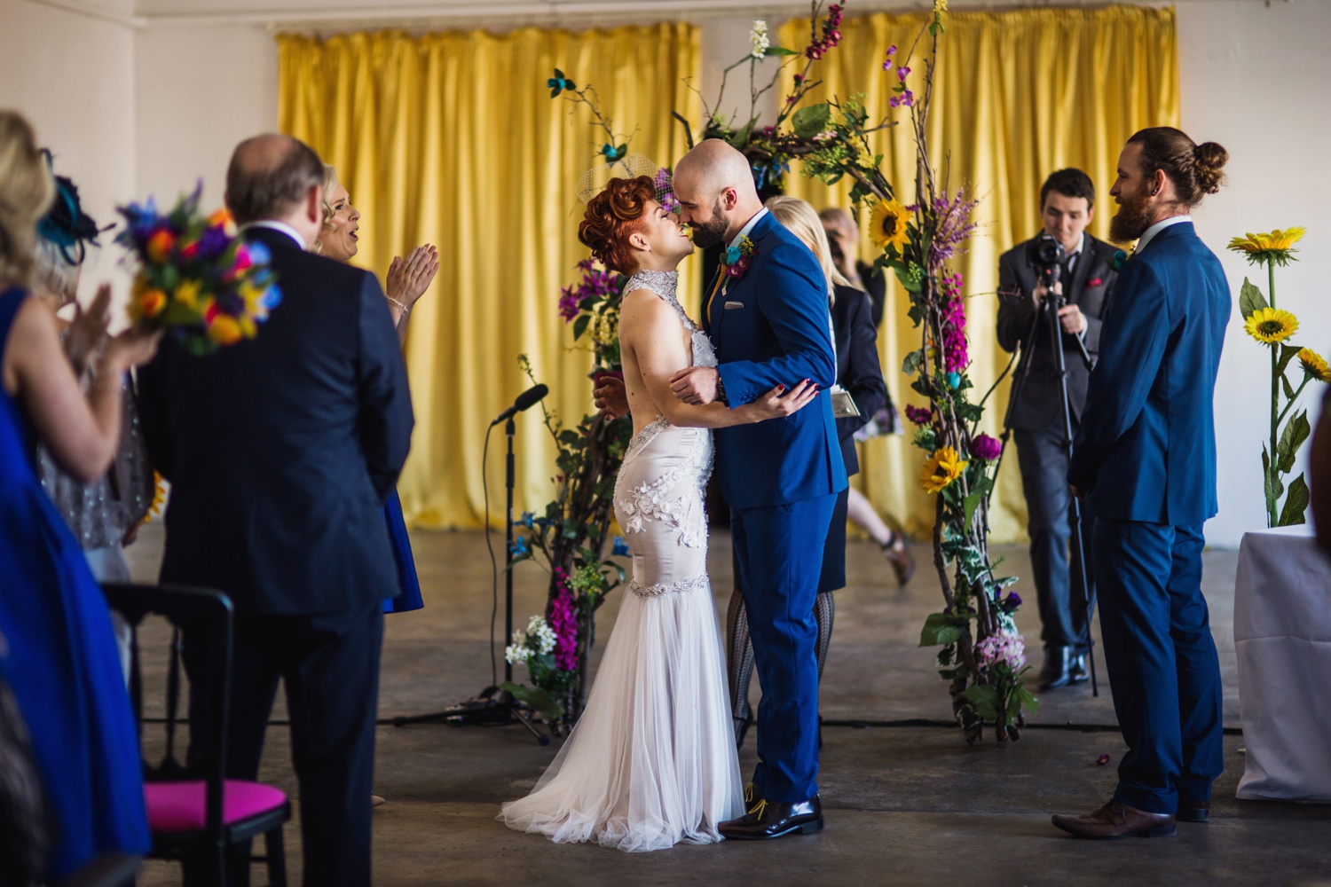 Bride and groom kissing Vintage-Camp-and-Furnace-Wedding-Liverpool